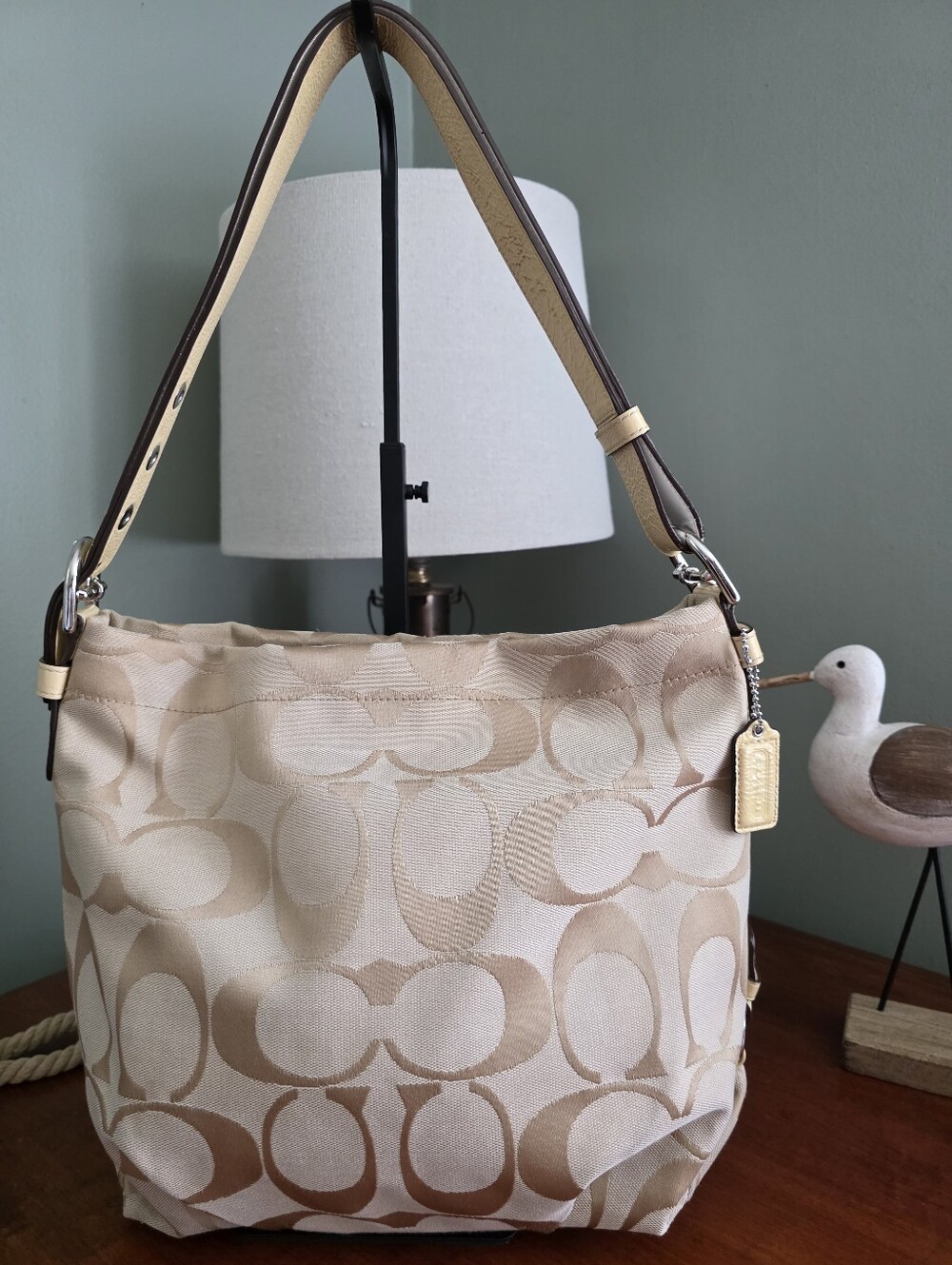 Coach F15067 Signature Khaki Yellow Patent Leather Duffel Shoulder Bag Y2K